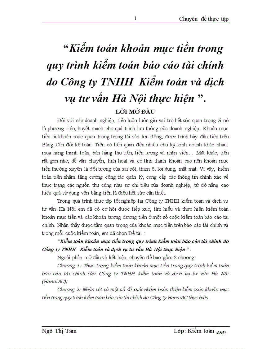 Kiểm toán khoản mục tiền trong quy trình kiểm toán báo cáo tài chính do Công ty TNHH Kiểm toán và dịch vụ tư vấn Hà Nội thực hiện 1