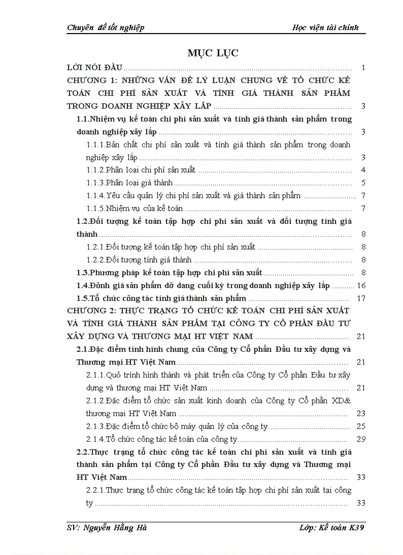 Kế toán chi phí sản xuất và tính giá thành sản phẩm tại công ty cổ phần đầu tư xây dựng và thương mại ht việt nam