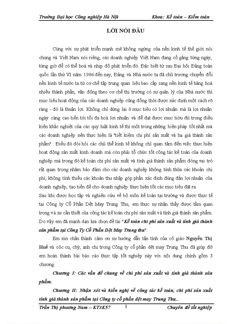 Kế toán chi phí sản xuất và tính giá thành sản phẩm tại Công Ty Cổ Phần Dệt May Trung thu