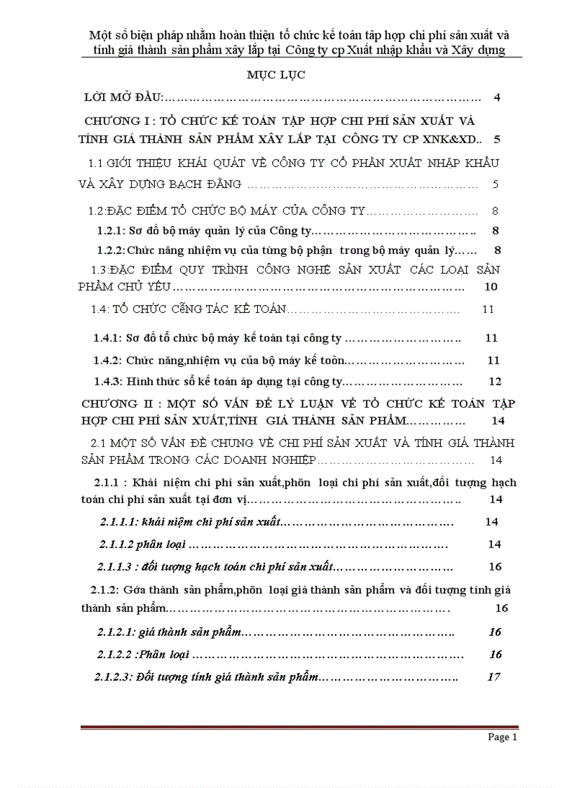 Một số biện pháp nhằm hoàn thiện tổ chức kế toán tâp hợp chi phí sản xuất và tính giá thành sản phẩm xây lắp tại Công ty cp Xuất nhập khẩu và Xây dựng