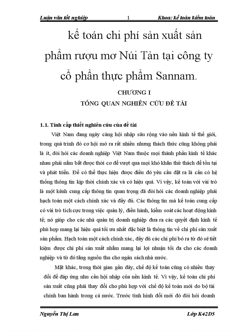 Kế toán chi phí sản xuất sản phẩm rượu mơ Núi Tản tại công ty cổ phần thực phẩm Sannam