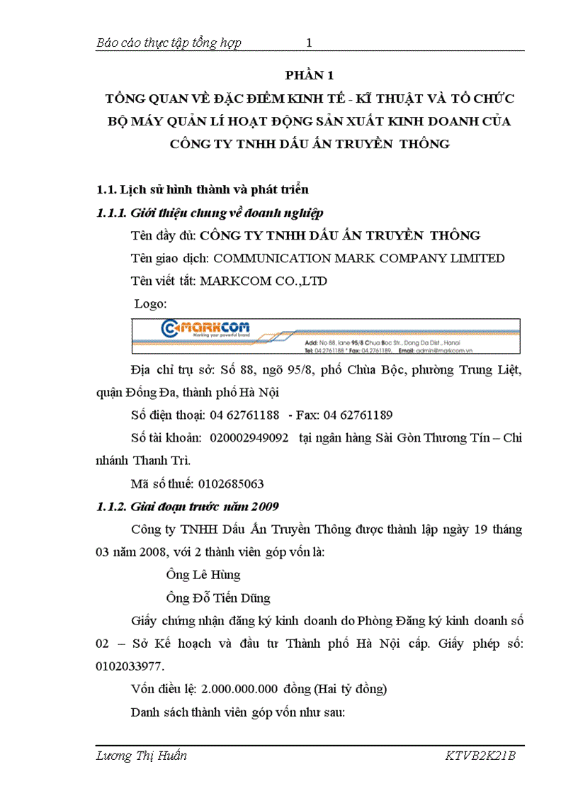 Báo cáo thực tập tại Công ty TNHH Dấu Ấn Truyền Thông