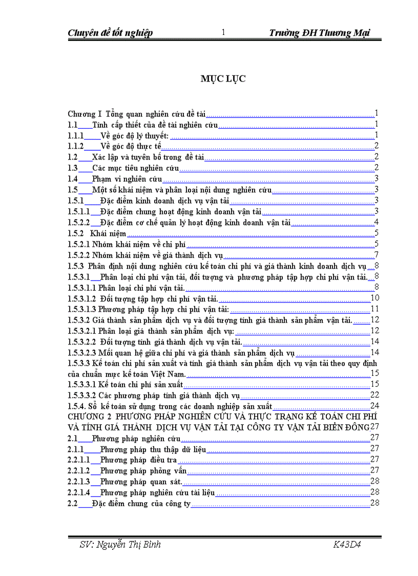 Kế toán chi phí và giá thành dịch vụ vận tải tại công ty vận tải Biển Đông