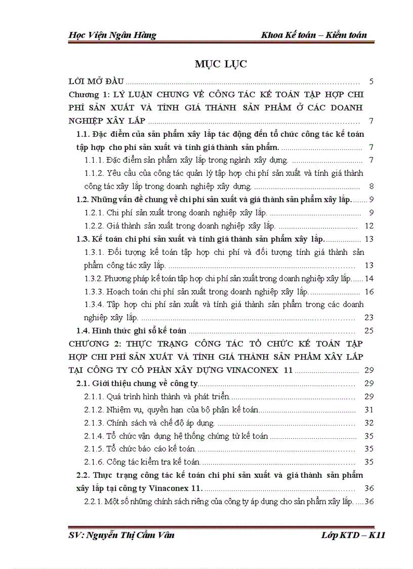 Tổ chức kế toán tập hợp chi phí và tính giá thành sản phẩm sản xuất tại Công ty Cổ Phần Xây Dựng số 11 Vinaconex 1 1