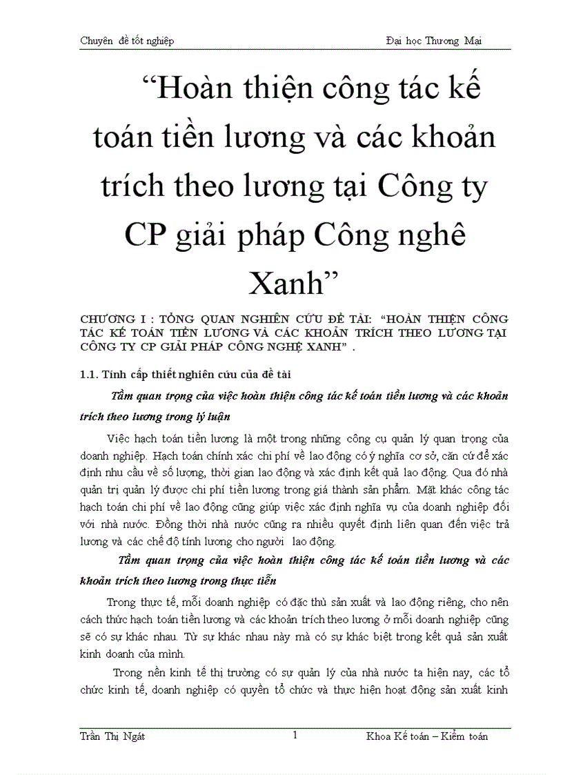 Hoàn thiện công tác kế toán tiền lương và các khoản trích theo lương tại Công ty CP giải pháp Công nghê Xanh 3