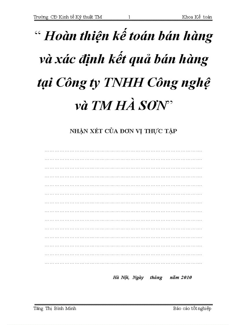 Hoàn thiện kế toán bán hàng và xác định kết quả bán hàng tại Công ty TNHH Công nghệ và TM Hà SƠN