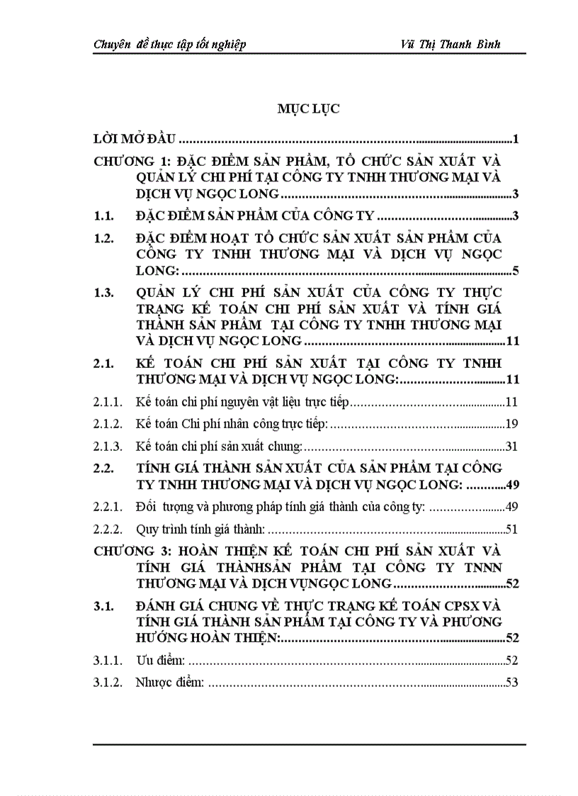 Thực trạng kế toán chi phí sản xuất và tính giá thành sản phẩm tại công ty TNHH Thương Mại và Dịch Vụ Ngọc Long