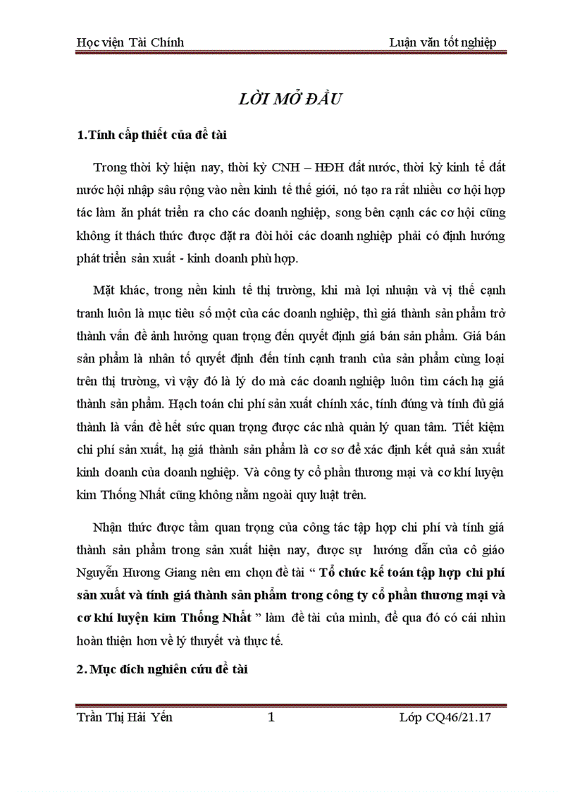 Tổ chức kế toán tập hợp chi phí sản xuất và tính giá thành sản phẩm trong công ty cổ phần thương mại và cơ khí luyện kim Thống Nhất