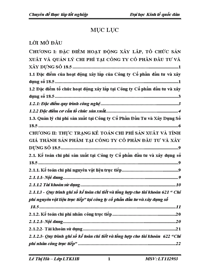 Hoàn thiện công tác kế toán tập hợp chi phí sản xuất và tính giá thành sản phẩm tại công ty Cổ phần đầu tư và xây dựng số 18 5 1