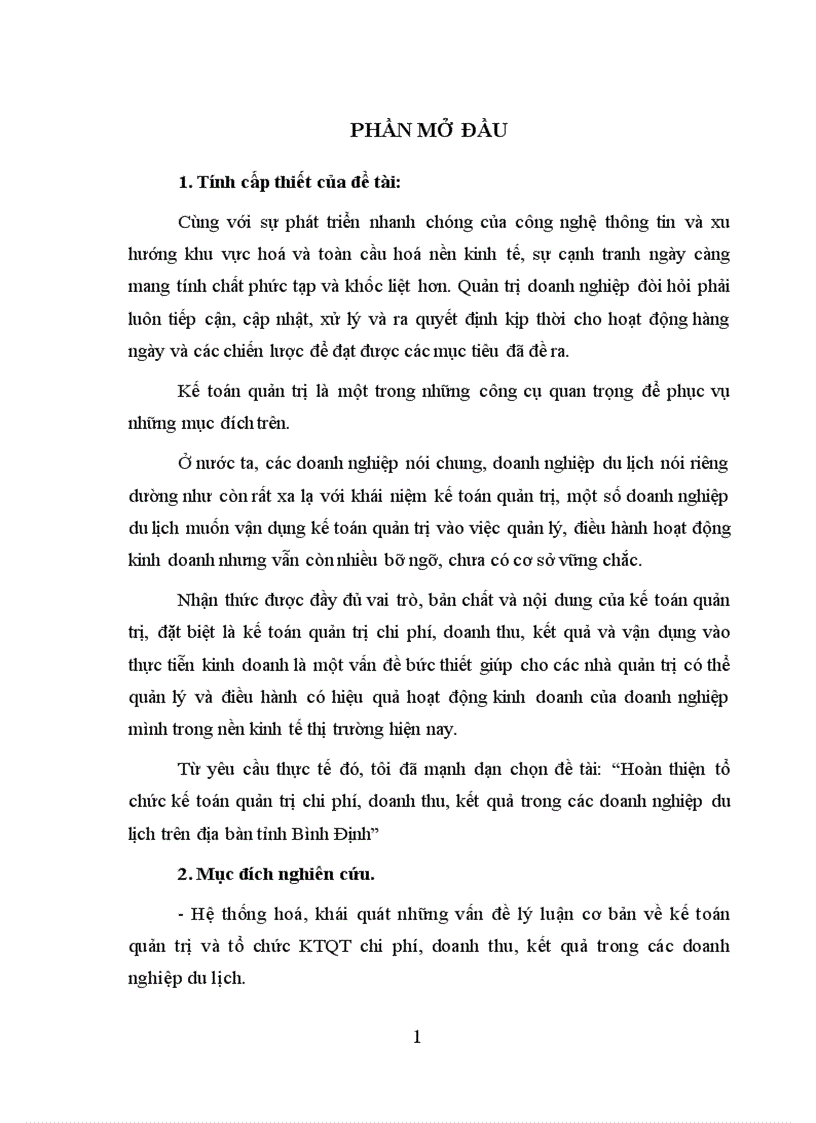 Hoàn thiện tổ chức kế toán quản trị chi phí doanh thu kết quả trong các doanh nghiệp du lịch trên địa bàn tỉnh Bình Định 1