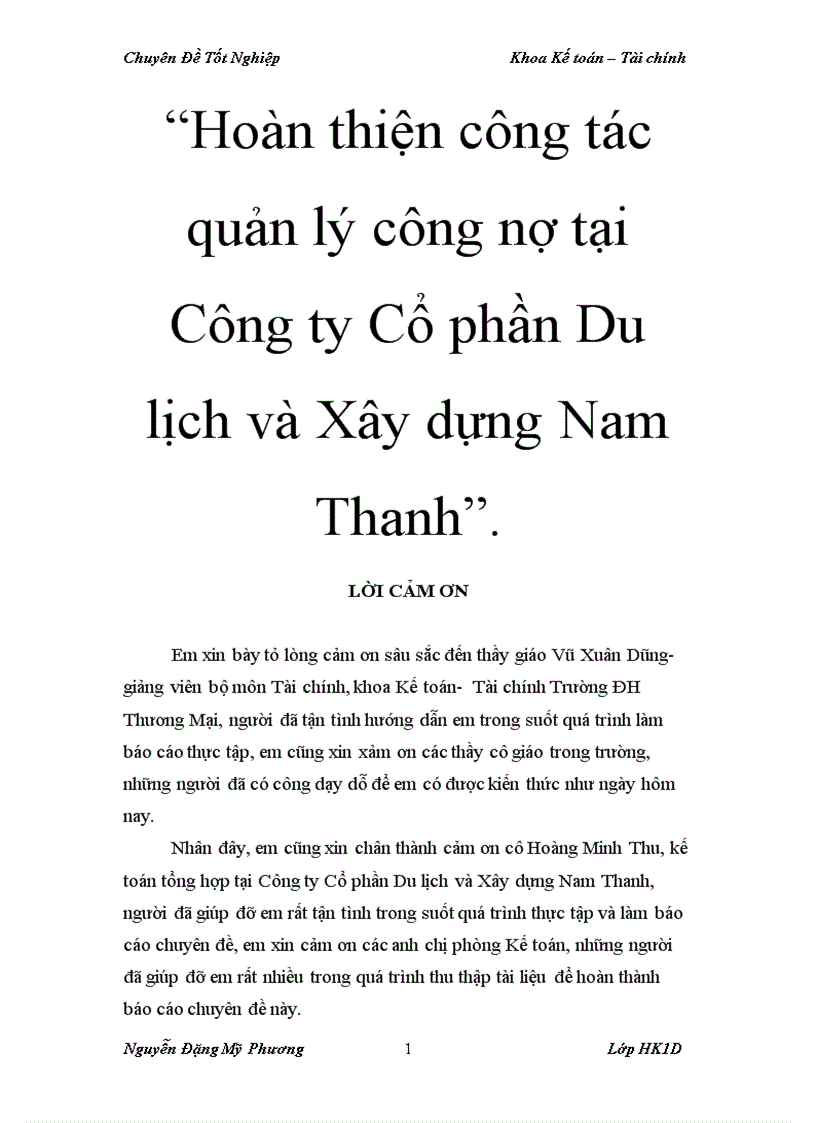 Hoàn thiện công tác quản lý công nợ tại Công ty Cổ phần Du lịch và Xây dựng Nam Thanh 1