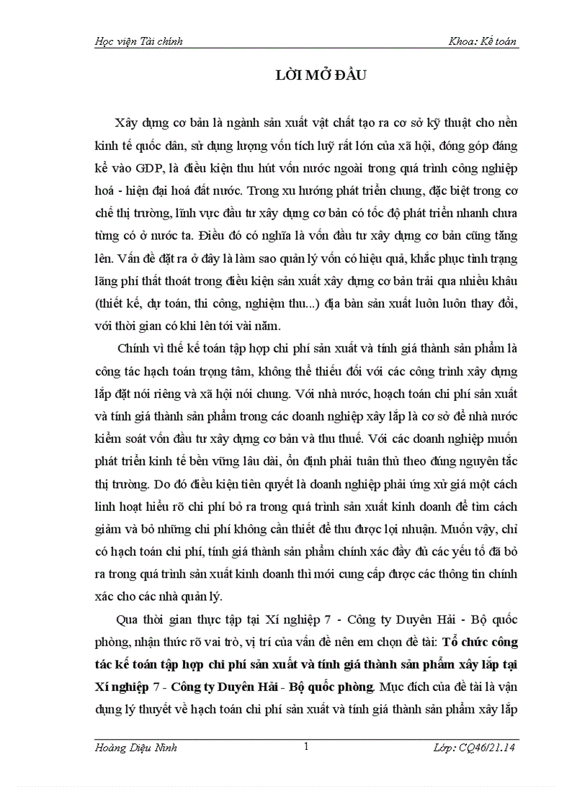 Tổ chức công tác kế toán tập hợp chi phí sản xuất và tính giá thành sản phẩm xây lắp tại Xí nghiệp 7 Công ty Duyên Hải Bộ quốc phòng 1