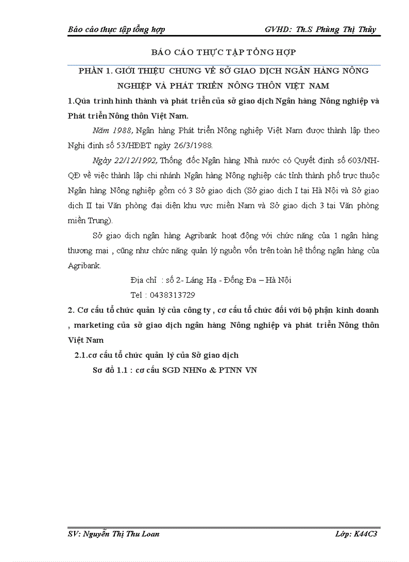 Tình hình tổ chức hoạt động kinh doanh và hoạt động marketing của sở giao dịch ngân hàng nông nghiệp và phát triển nông thôn VIỆT NAM