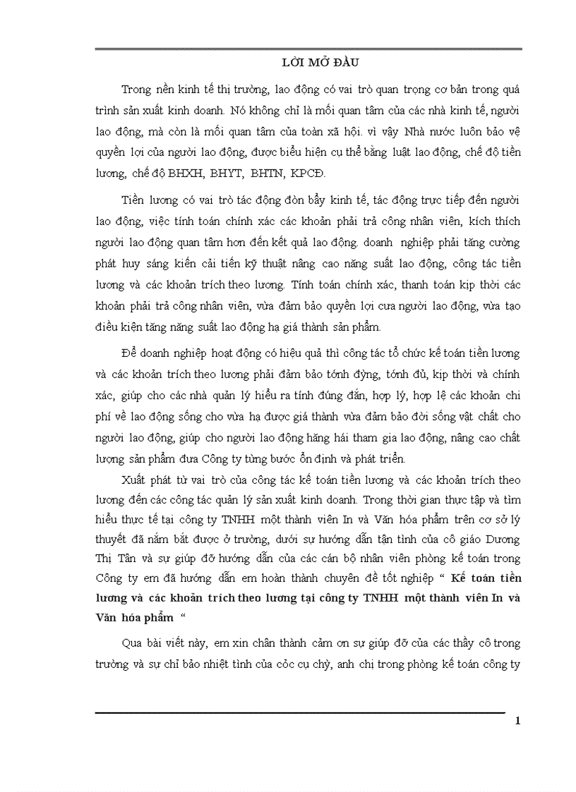 Kế toán tiền lương và các khoản trích theo lương tại công ty TNHH một thành viên In và Văn hóa phẩm 1