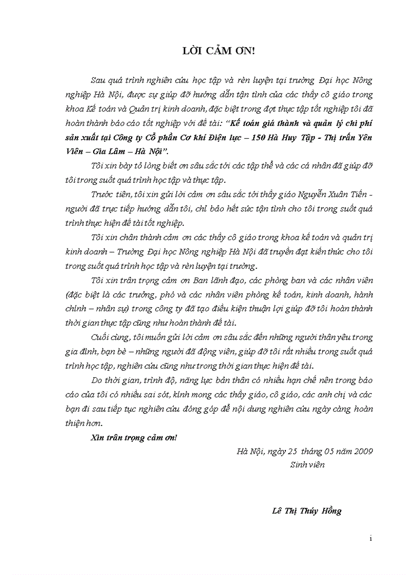Kế toán giá thành và quản lý chi phí sản xuất tại Công ty Cổ phần Cơ khí Điện lực 150 Hà Huy Tập Thị trấn Yên Viên Gia Lâm Hà Nội