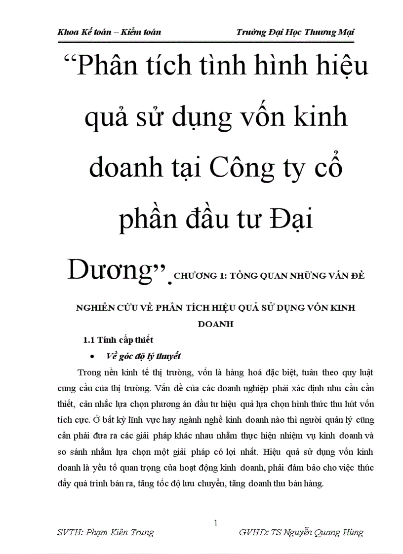 Phân tích tình hình hiệu quả sử dụng vốn kinh doanh tại Công ty cổ phần đầu tư Đại Dương 1