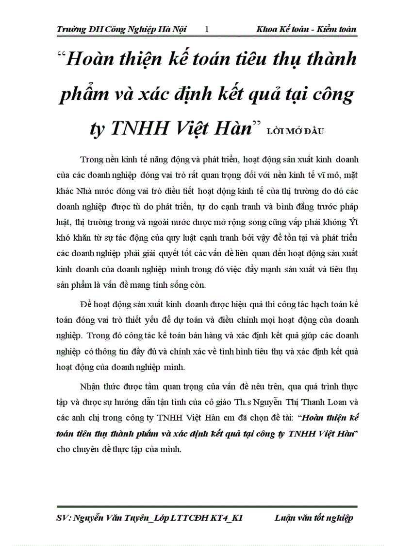 Hoàn thiện kế toán tiêu thụ thành phẩm và xác định kết quả tại công ty TNHH Việt Hàn 1