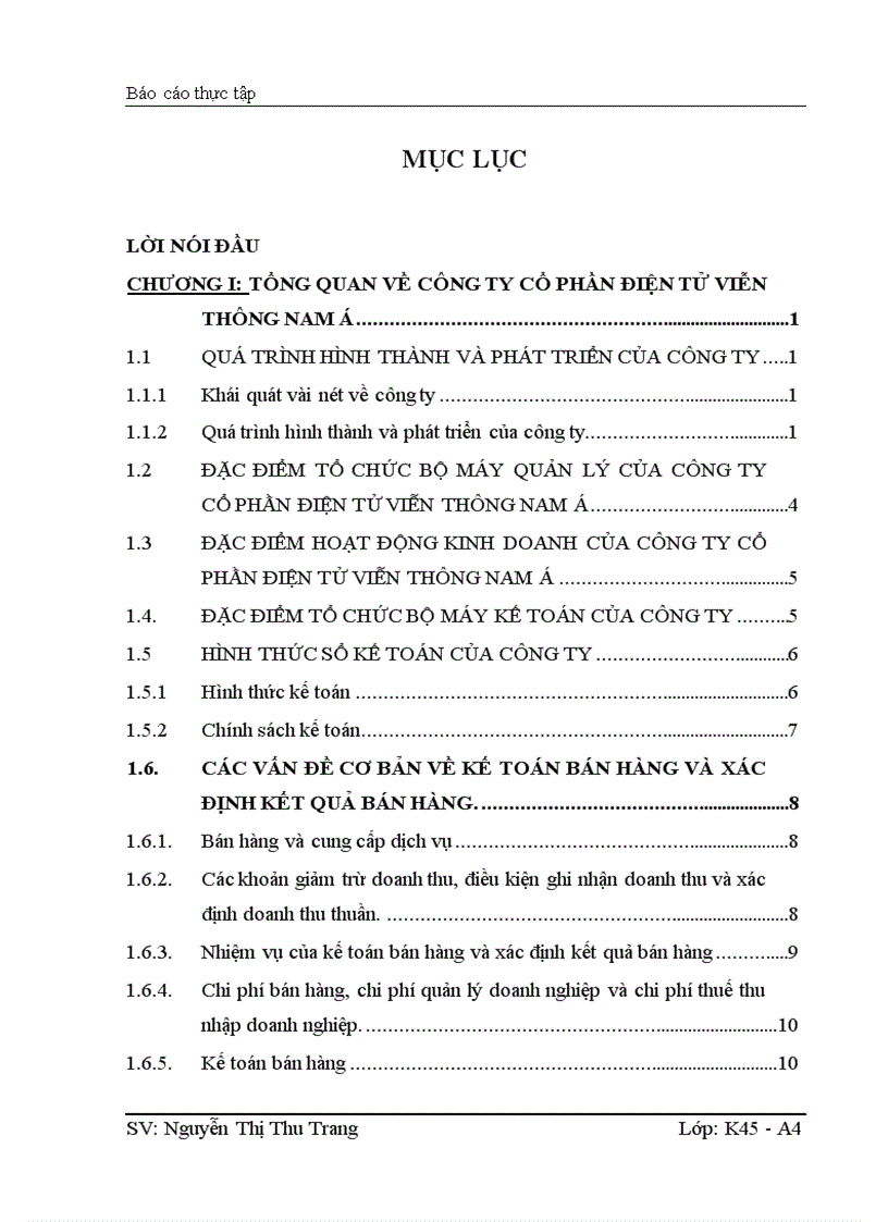 Thực trạng công tác kế toán bán hàng và xác định kết quả bán hàng tại công ty Cổ phần điện tử viễn thông Nam á 1