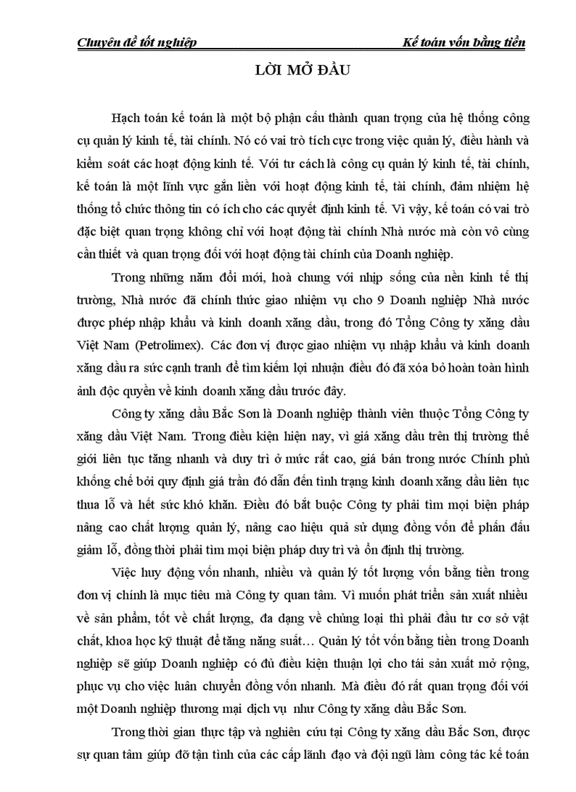 Thực trạng và giải pháp hoàn thiện công tác kế toán vốn bằng tiền tại Công ty xăng dầu Bắc Sơ