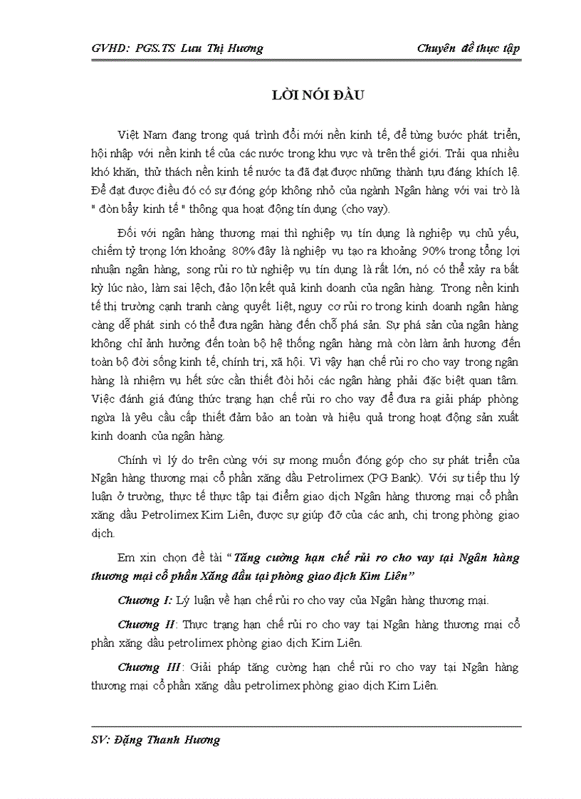 Tăng cường hạn chế rủi ro cho vay tại Ngân hàng thương mại cổ phần Xăng dầu tại phòng giao dịch Kim Liên 1
