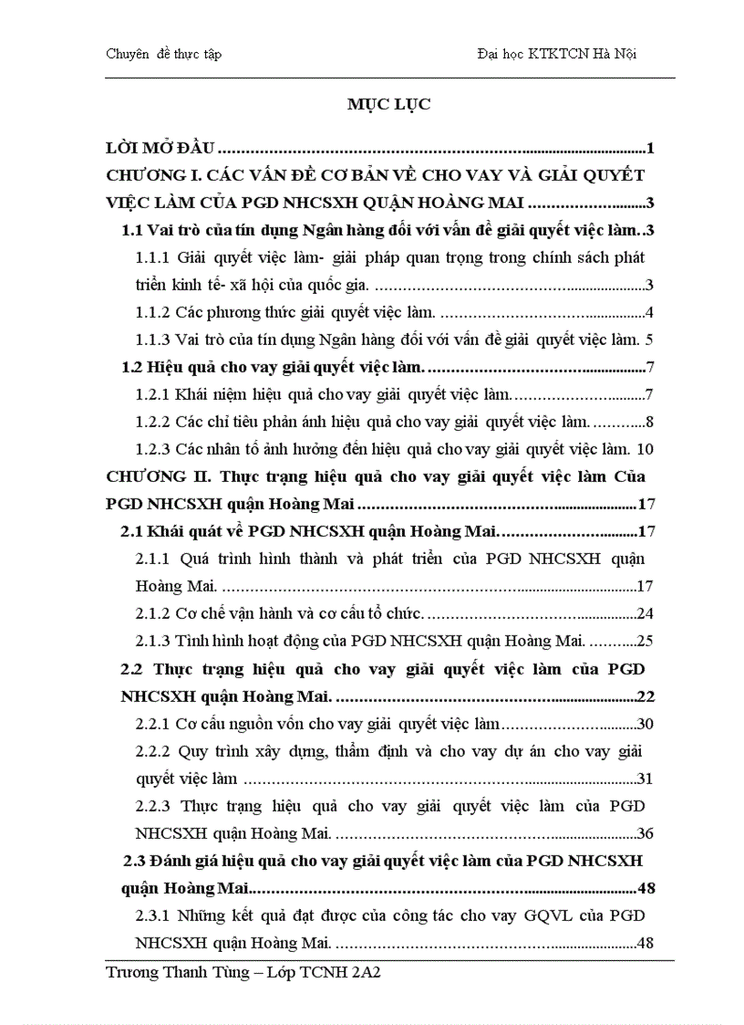Giải pháp nâng cao hiệu quả cho vay giải quyết việc làm của Phòng giao dịch Ngân hàng chính sách xã hội quận Hoàng Mai 1