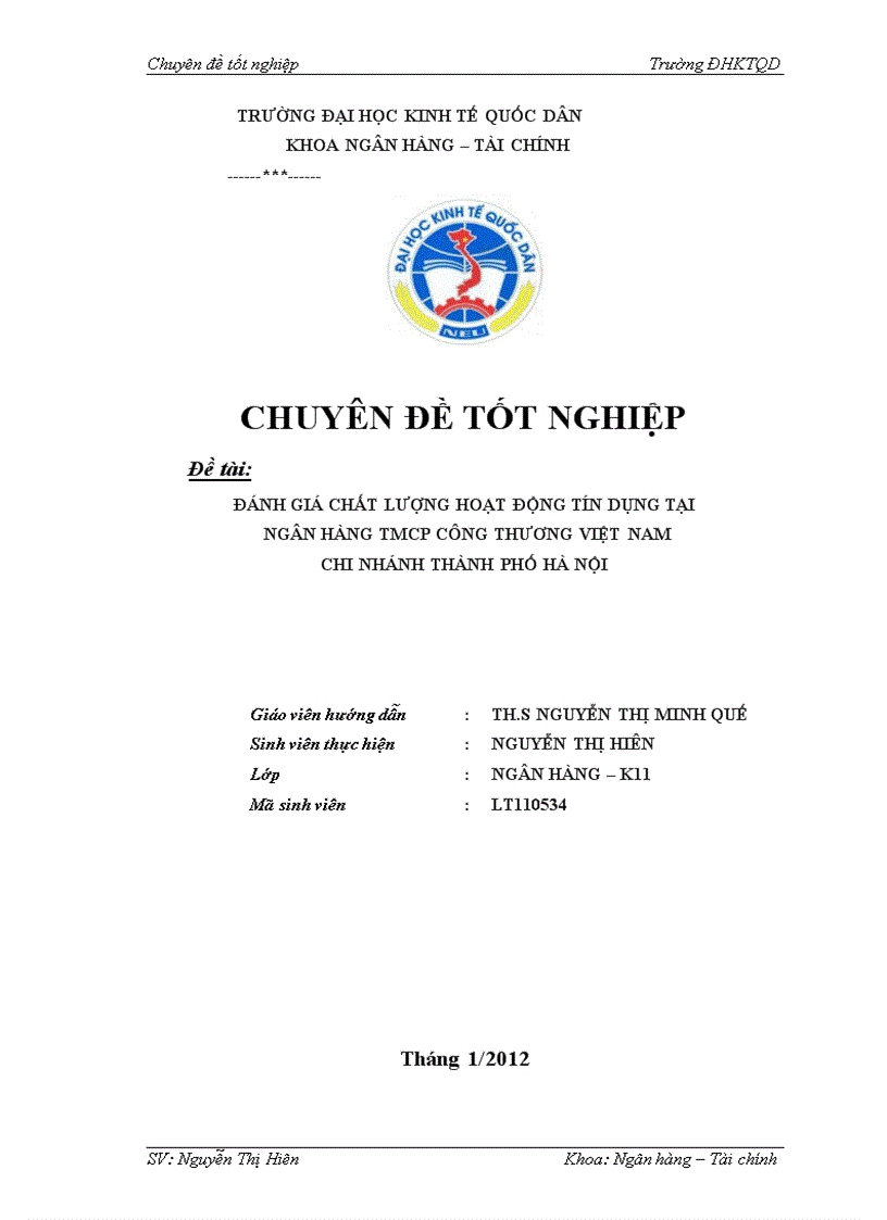 Đánh giá chất lượng hoạt động tín dụng tại ngân hàng tmcp công thương việt nam chi nhánh thành phố hà nội