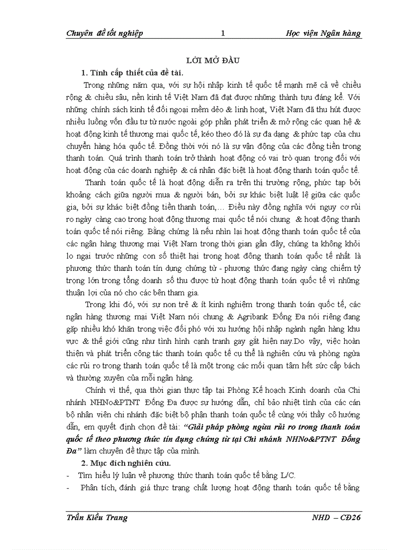 Giải pháp phòng ngừa rủi ro trong thanh toán quốc tế theo phương thức tín dụng chứng từ tại Chi nhánh NHNo PTNT Đống Đa