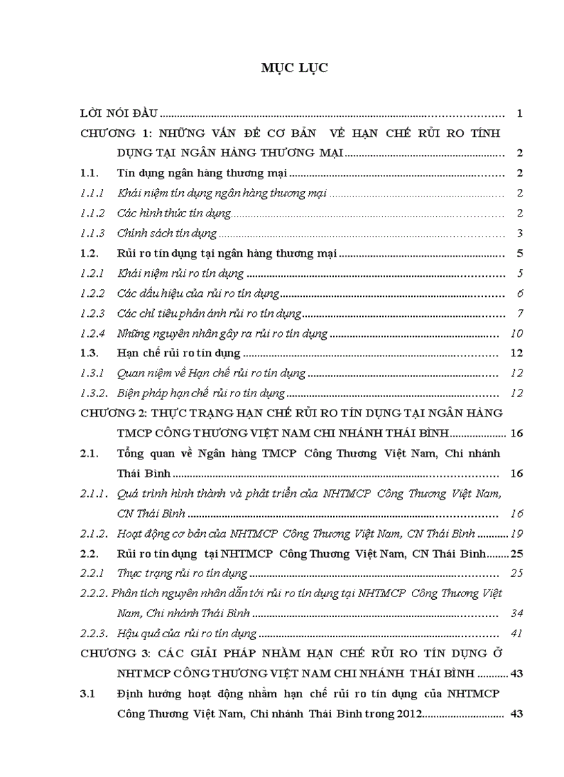 Thực trạng hạn chế rủi ro tín dụng tại ngân hàng tmcp công thương việt nam chi nhánh thái bình
