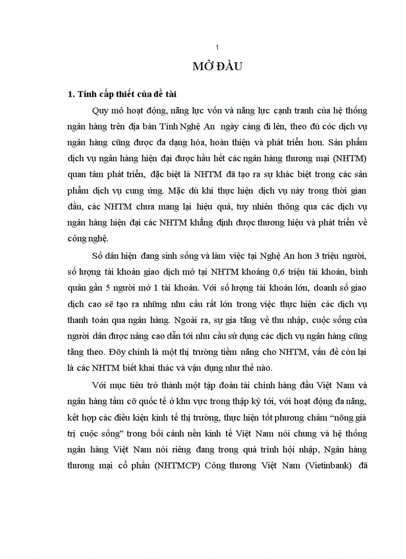 Giải pháp phát triển các dịch vụ ngân hàng hiện đại tại Ngân hàng thương mại cổ phần công thương Việt Nam chi nhánh Nghệ An 1