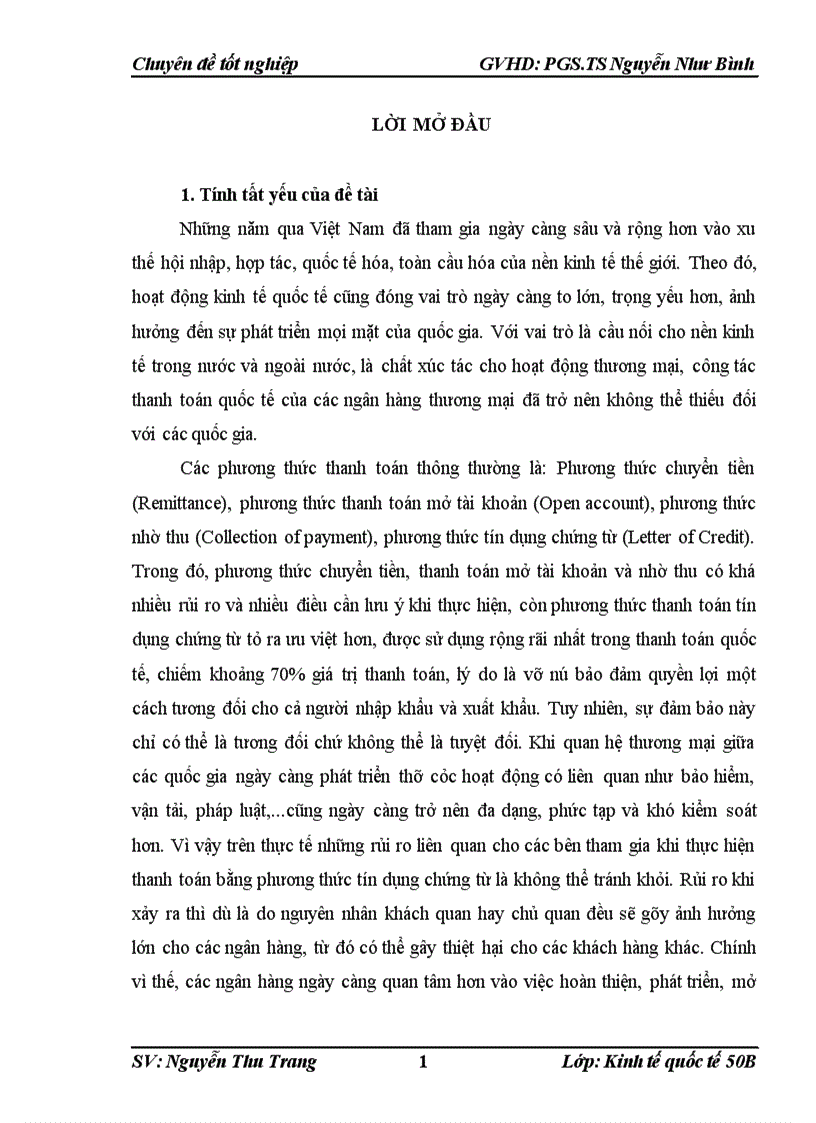 Rủi ro trong phương thức thanh toán tín dụng chứng từ tại Chi nhánh Hà Thành Ngân hàng Đầu tư và phát triển Việt Nam