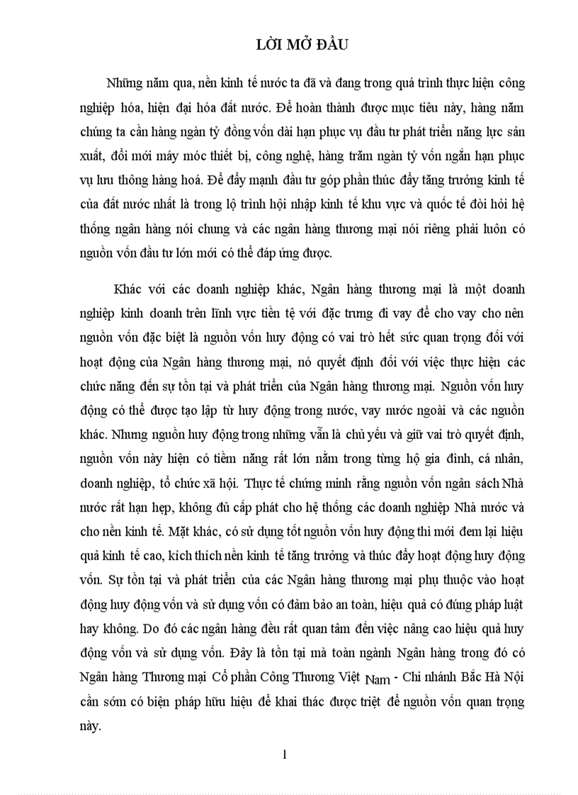 Giải pháp nhằm nâng cao hiệu quả huy động vốn tại Ngân hàng Thương mại Cổ phần Công Thương Việt Nam Chi nhánh Bắc Hà Nội 1