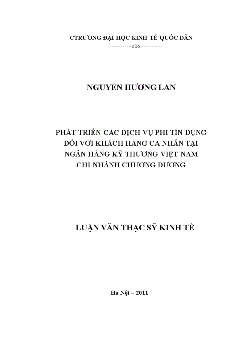 Phát triển các dịch vụ phi tín dụng đối với khách hàng cá nhân tại ngân hàng kỹ thương việt nam chi nhánh chương dương
