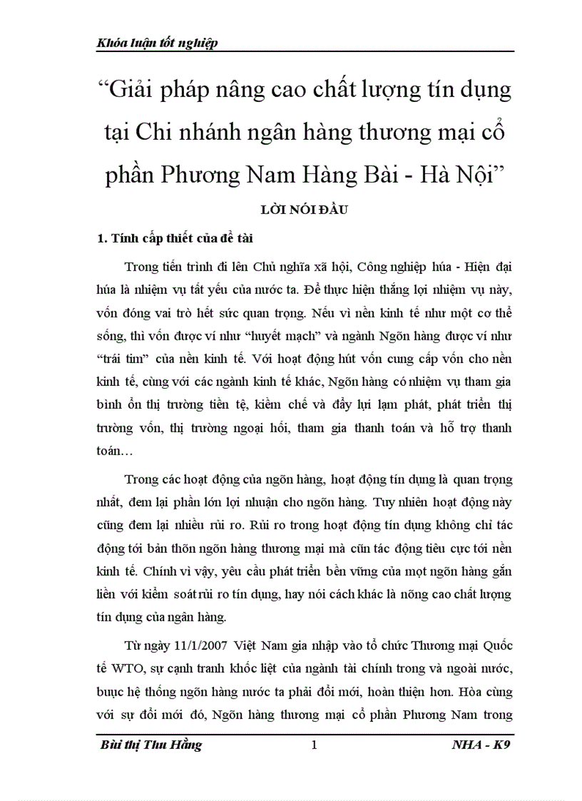 Giải pháp nâng cao chất lượng tín dụng tại Chi nhánh ngân hàng thương mại cổ phần Phương Nam Hàng Bài Hà Nội