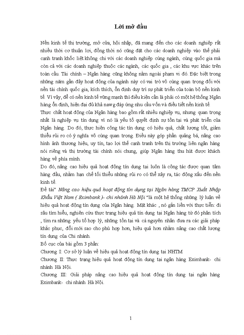 Nâng cao hiệu quả hoạt động tín dụng tại Ngân hàng TMCP Xuất Nhập Khẩu Việt Nam Eximbank chi nhánh Hà Nội 1