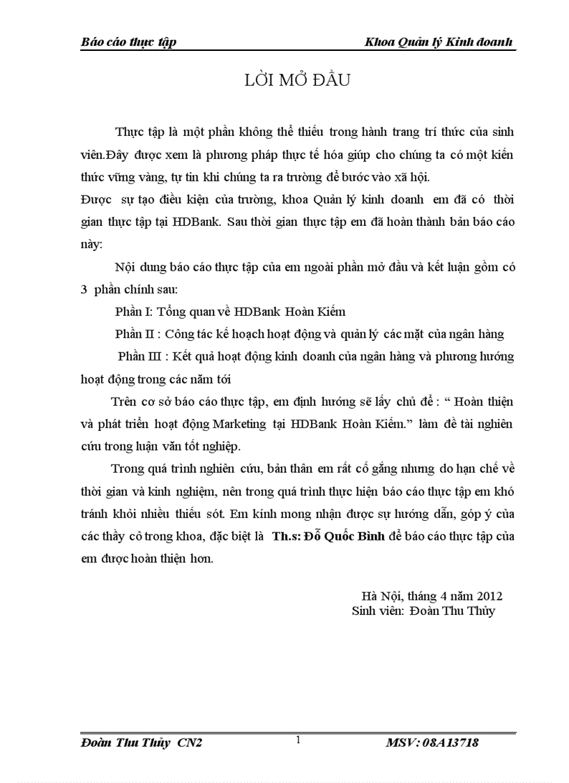 Hoàn thiện và phát triển hoạt động Marketing tại HDBank Hoàn Kiếm