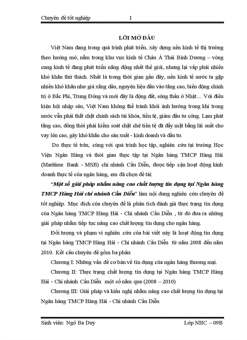Một số giải pháp nhằm nâng cao chất lượng tín dụng tại Ngân hàng TMCP Hàng Hải chi nhánh Cầu Diễn