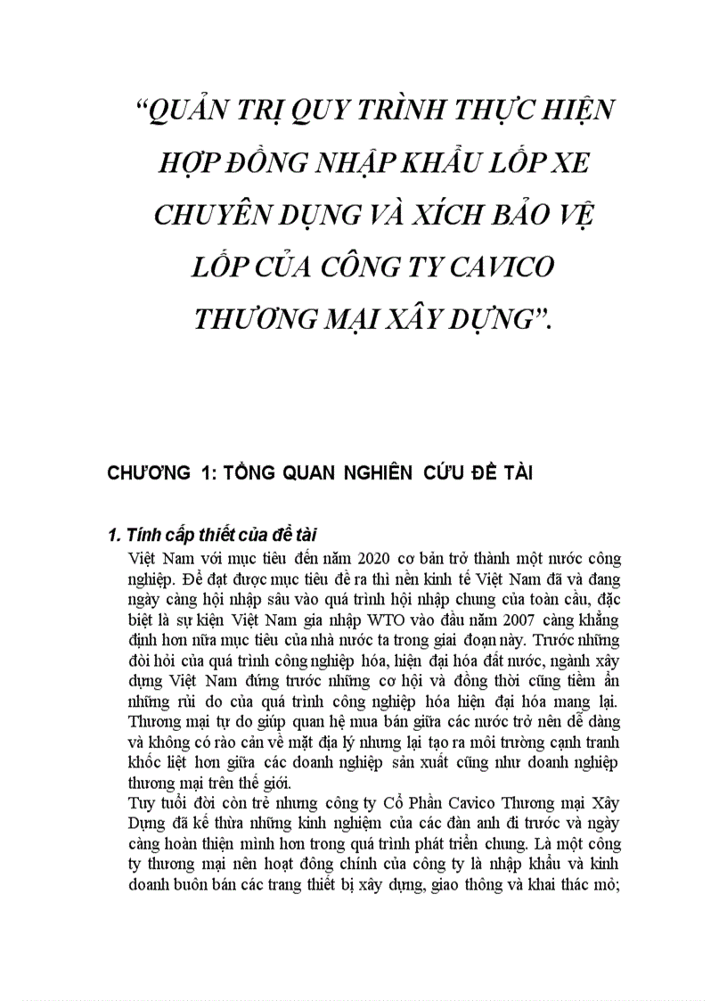 Quản trị quy trình thực hiện hợp đồng nhập khẩu lốp xe chuyên dụng và xích bảo vệ lốp của công ty cavico thương mại xây dựng 1