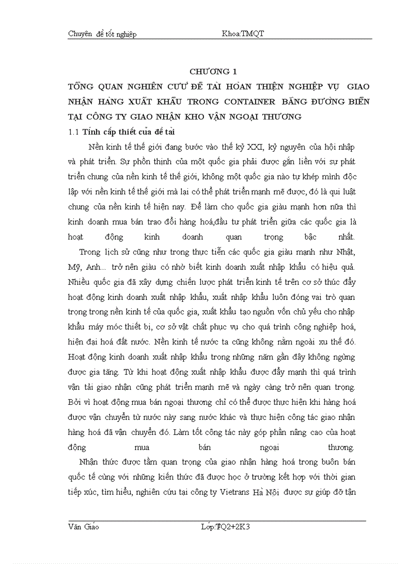 Hòan thiện nghiệp vụ Giao nhận hàng xuất khẩu bằng container bằng đường biển tại công ty giao nhận kho vận ngọai thương Công ty Vietrans Hà Nội