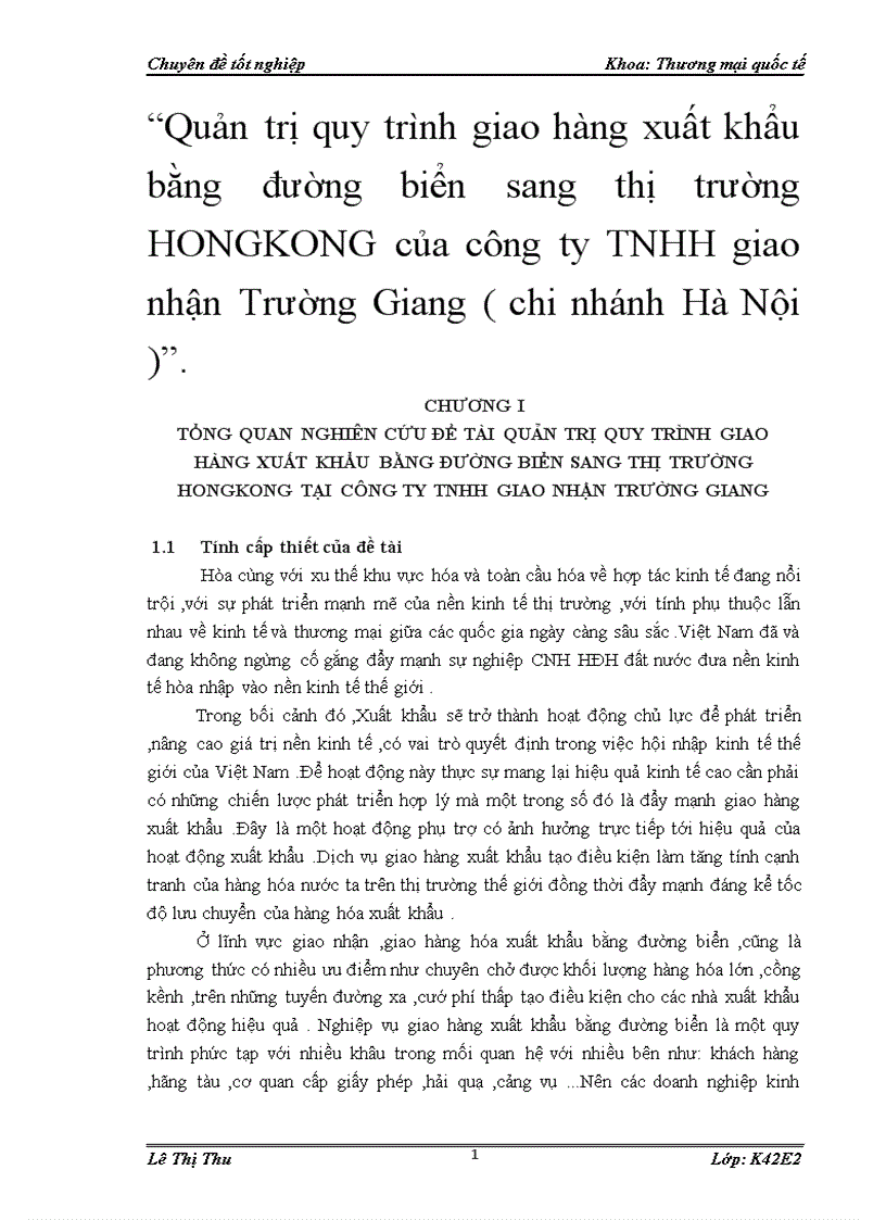 Quản trị quy trình giao hàng xuất khẩu bằng đường biển sang thị trường HONGKONG của công ty TNHH giao nhận Trường Giang chi nhánh Hà Nội 1