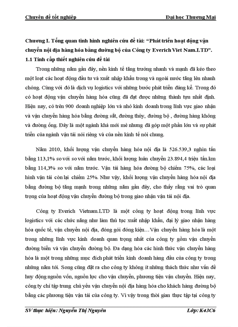 Phát triển hoạt động vận chuyển nội địa hàng hóa bằng đường bộ của Công ty Everich Viet Nam LTD