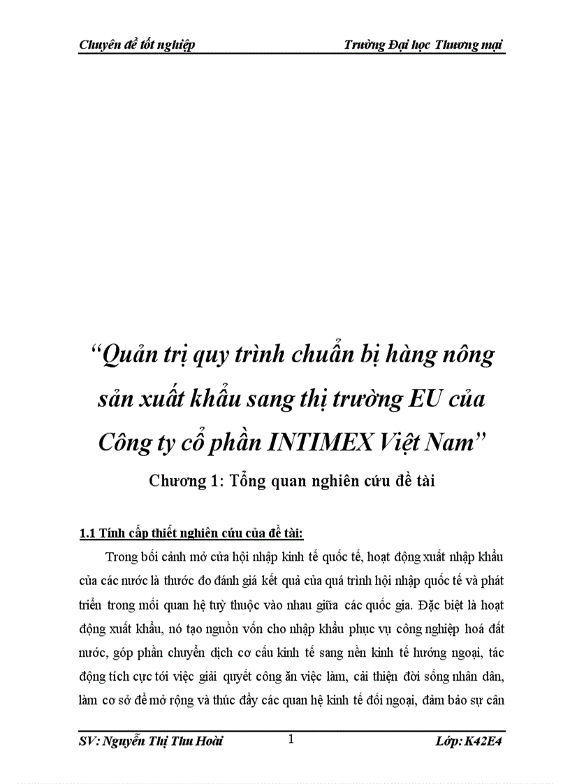 Quản trị quy trình chuẩn bị hàng nông sản xuất khẩu sang thị trường EU của Công ty cổ phần INTIMEX Việt Nam