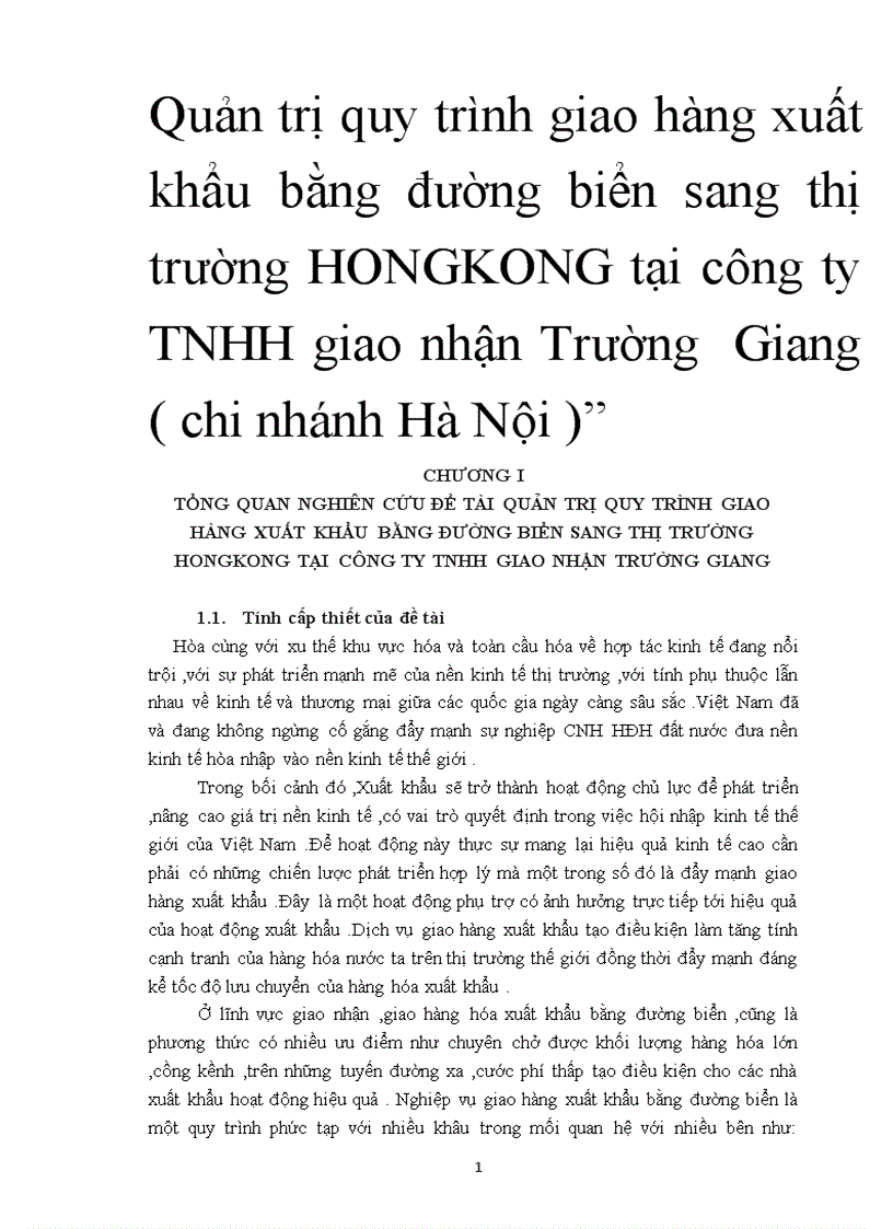 Quản trị quy trình giao hàng xuất khẩu bằng đường biển sang thị trường HONGKONG tại công ty TNHH giao nhận Trường Giang chi nhánh Hà Nội