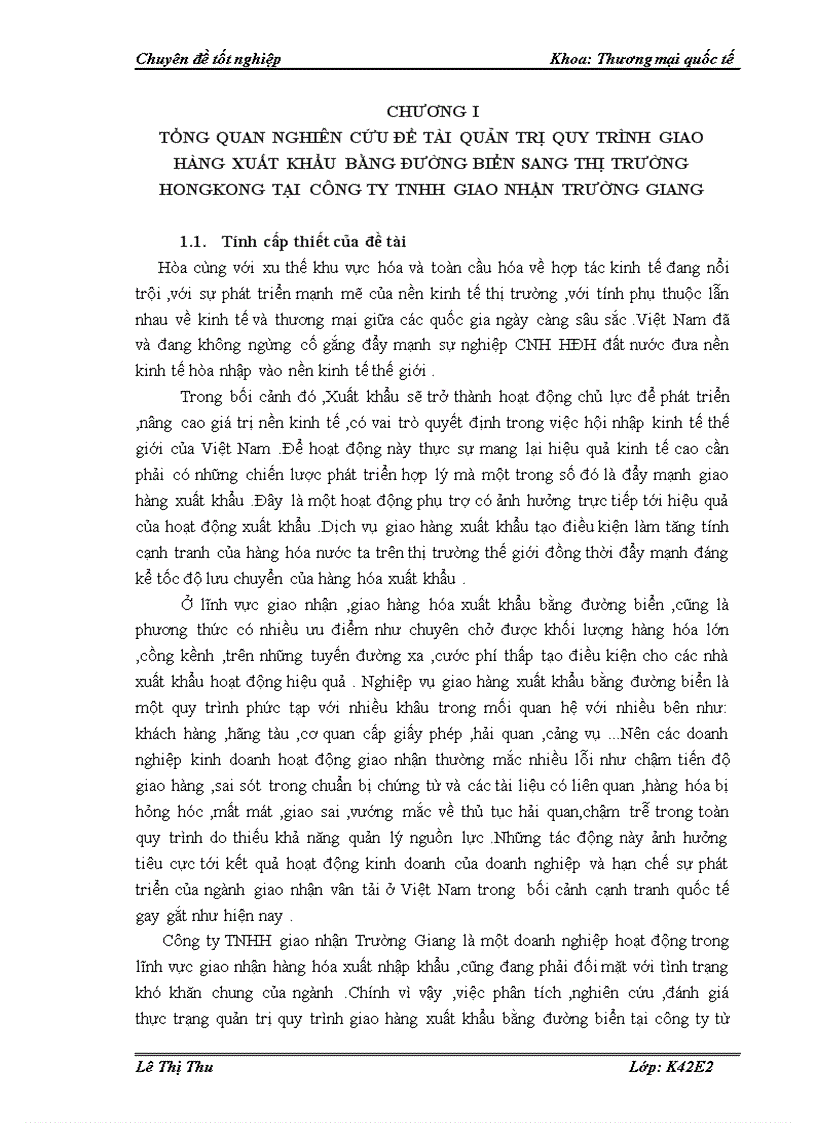 Quản trị quy trình giao hàng xuất khẩu bằng đường biển sang thị trường hongkong tại công ty tnhh giao nhận trường giang