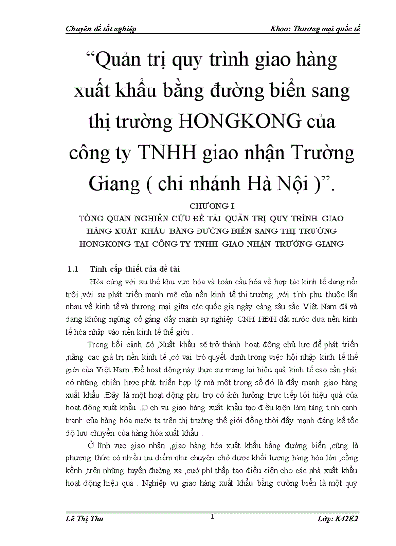 Quản trị quy trình giao hàng xuất khẩu bằng đường biển sang thị trường HONGKONG của công ty TNHH giao nhận Trường Giang chi nhánh Hà Nội 3