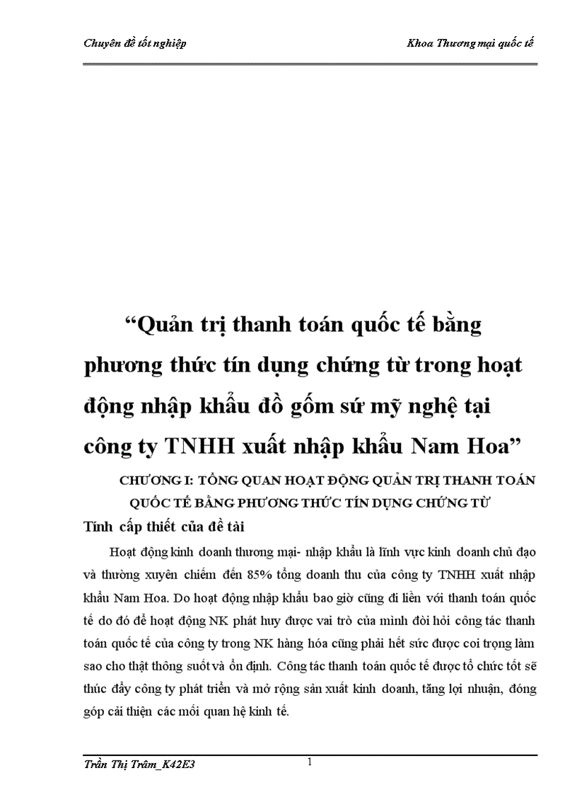 Quản trị thanh toán quốc tế bằng phương thức tín dụng chứng từ trong hoạt động nhập khẩu đồ gốm sứ mỹ nghệ tại công ty TNHH xuất nhập khẩu Nam Hoa 1