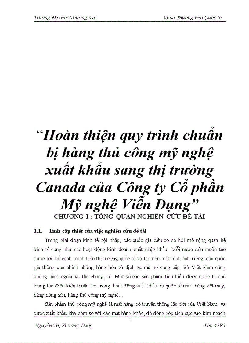 Hoàn thiện quy trình chuẩn bị hàng thủ công mỹ nghệ xuất khẩu sang thị trường Canada của Công ty Cổ phần Mỹ nghệ Viễn Đông 1