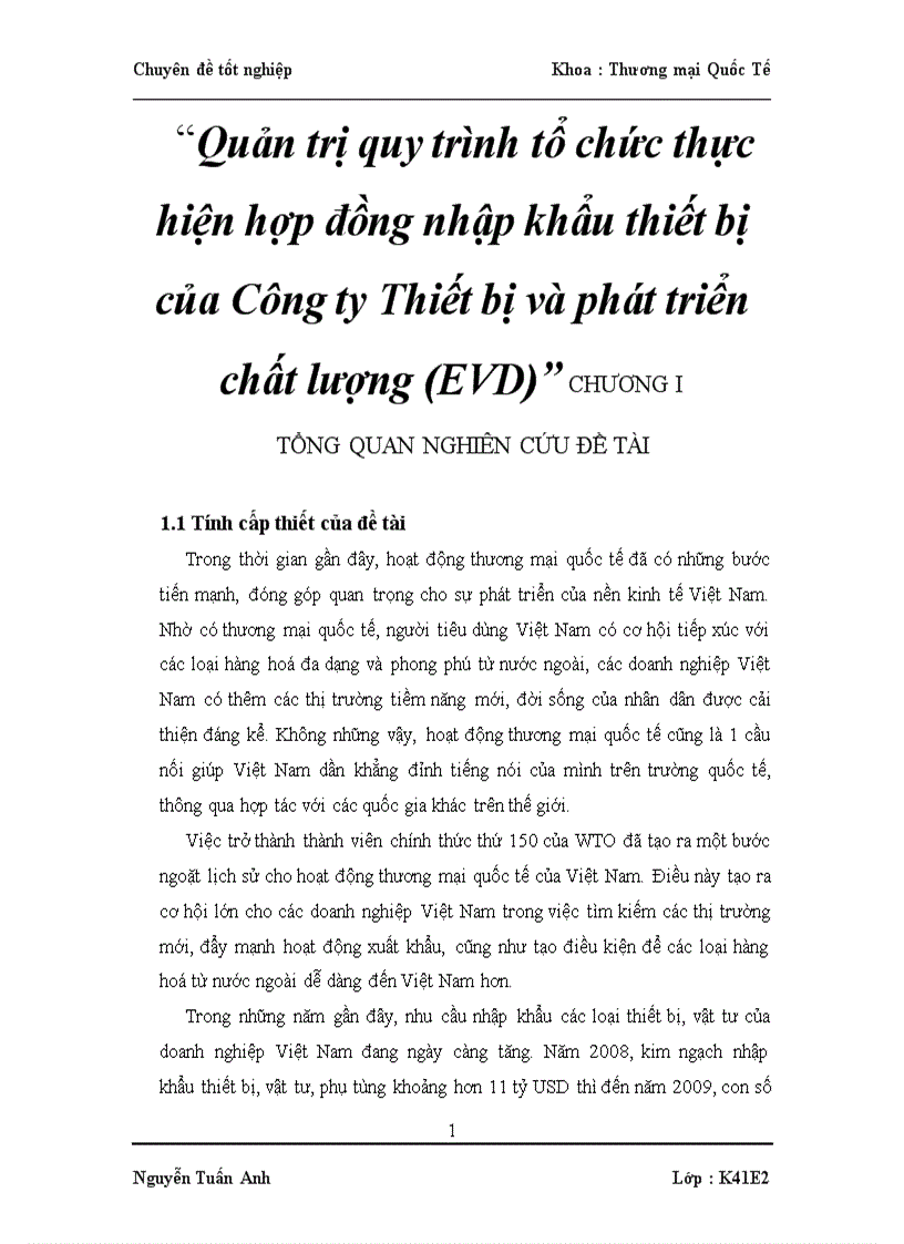 Quản trị quy trình tổ chức thực hiện hợp đồng nhập khẩu thiết bị của Công ty Thiết bị và phát triển chất lượng EVD 3