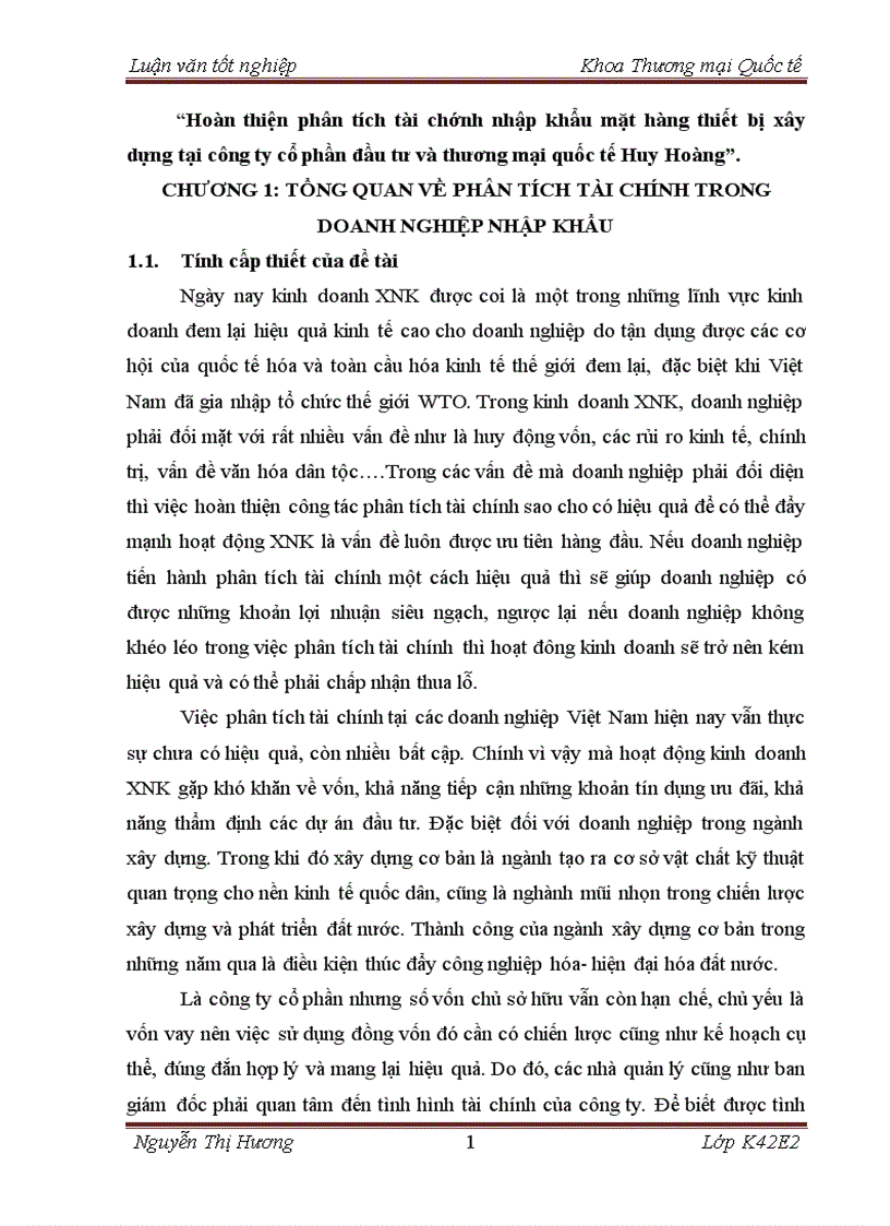 Hoàn thiện phân tích tài chính nhập khẩu mặt hàng thiết bị xây dựng tại công ty cổ phần đầu tư và thương mại quốc tế Huy Hoàng 1