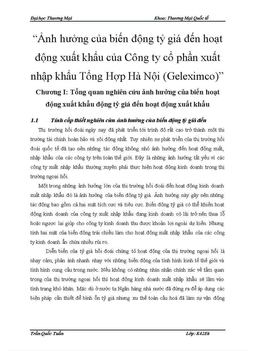Ảnh hưởng của biến động tỷ giá đến hoạt động xuất khẩu của Công ty cổ phần xuất nhập khẩu Tổng Hợp Hà Nội Geleximco 1