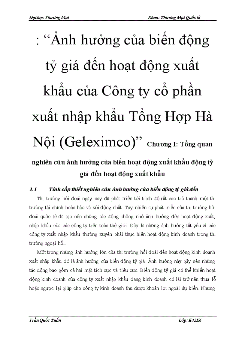 Ảnh hưởng của biến động tỷ giá đến hoạt động xuất khẩu của Công ty cổ phần xuất nhập khẩu Tổng Hợp Hà Nội Geleximco